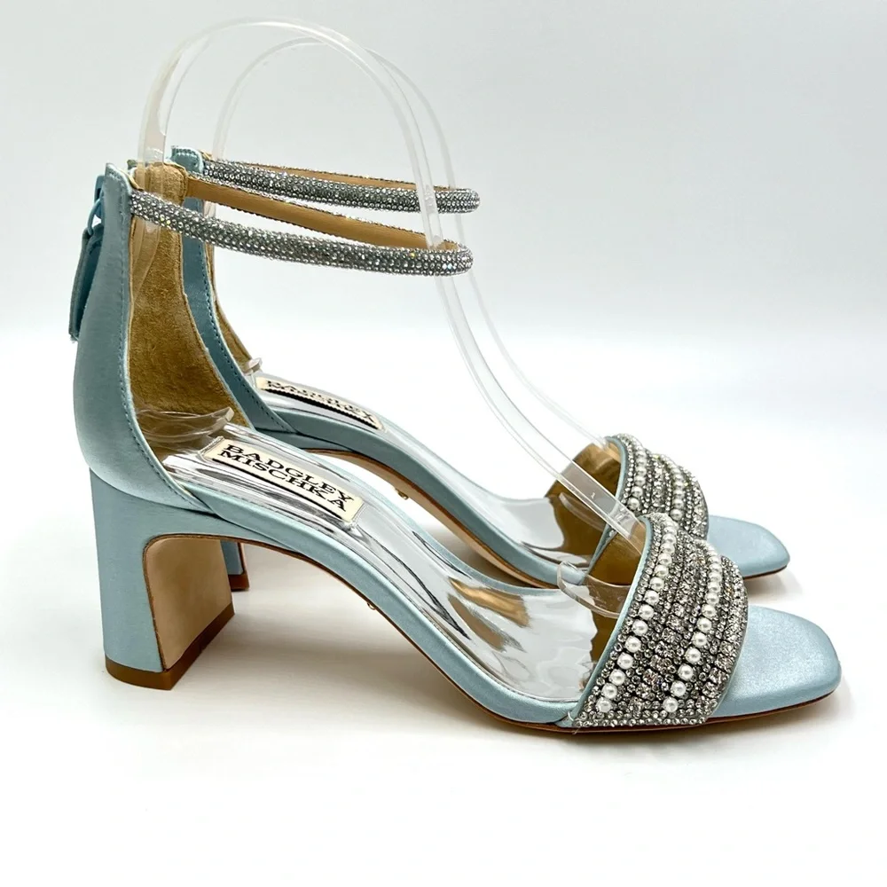 Badgley Mischka Size 5.5 Kameryn Blue Satin Jeweled Dress Sandals Heels Shoes